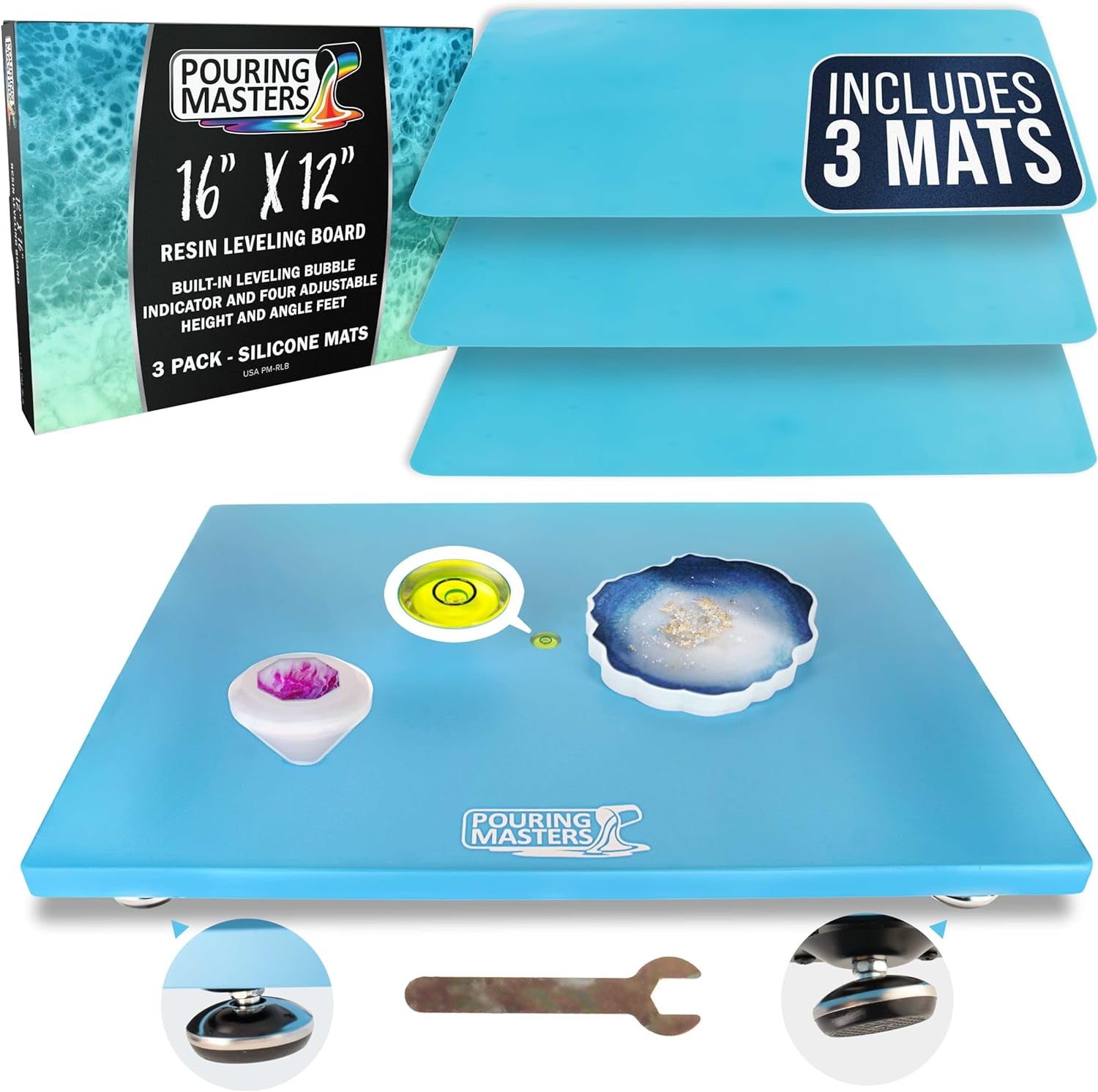 Leveling Board for Epoxy Resin, 16" X 12", 3 Silicone Cover Mats - Adjustable Precision Leveling Table for Self-Leveling Resin, Acrylic Pouring Paint, Molds, Arts, Crafts Projects Tool