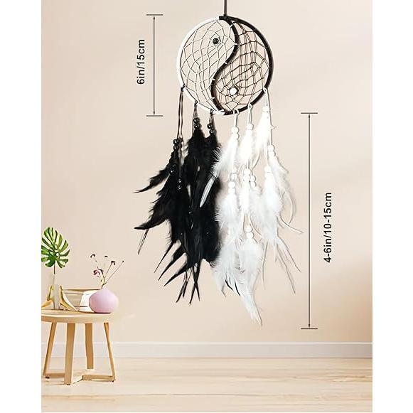 Handmade Tai-Chi Dream Catcher Black with Feathers and Beads - Approximately 50cm, Hangable Decor for Home &amp; Car, Unique Craftsmanship &amp; Symbolism - Ornaments, Hanging Circle Gift Decoration Traditional