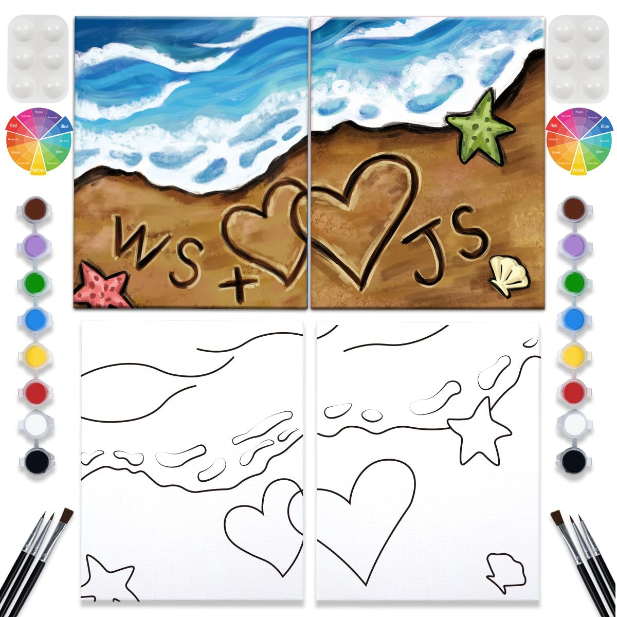 2 Pack Paint and Sip Canvas Painting Kit Pre Drawn Canvas for Painting for Adults Stretched Canvas Couples Games Date Night Summer Beach Vows Anniversary Gifts Paint Party Supplies Favor 8X10