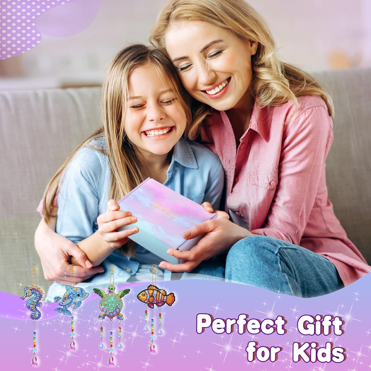 Diamond Art Suncatchers Kit for Kids Gifts - 4 Pcs Double Sided Wind Chime, Crystal Rhinestone Dotz Painting, Sea Animal Style Hanging Ornament for Home Window Beginners Craft DIY Supplies