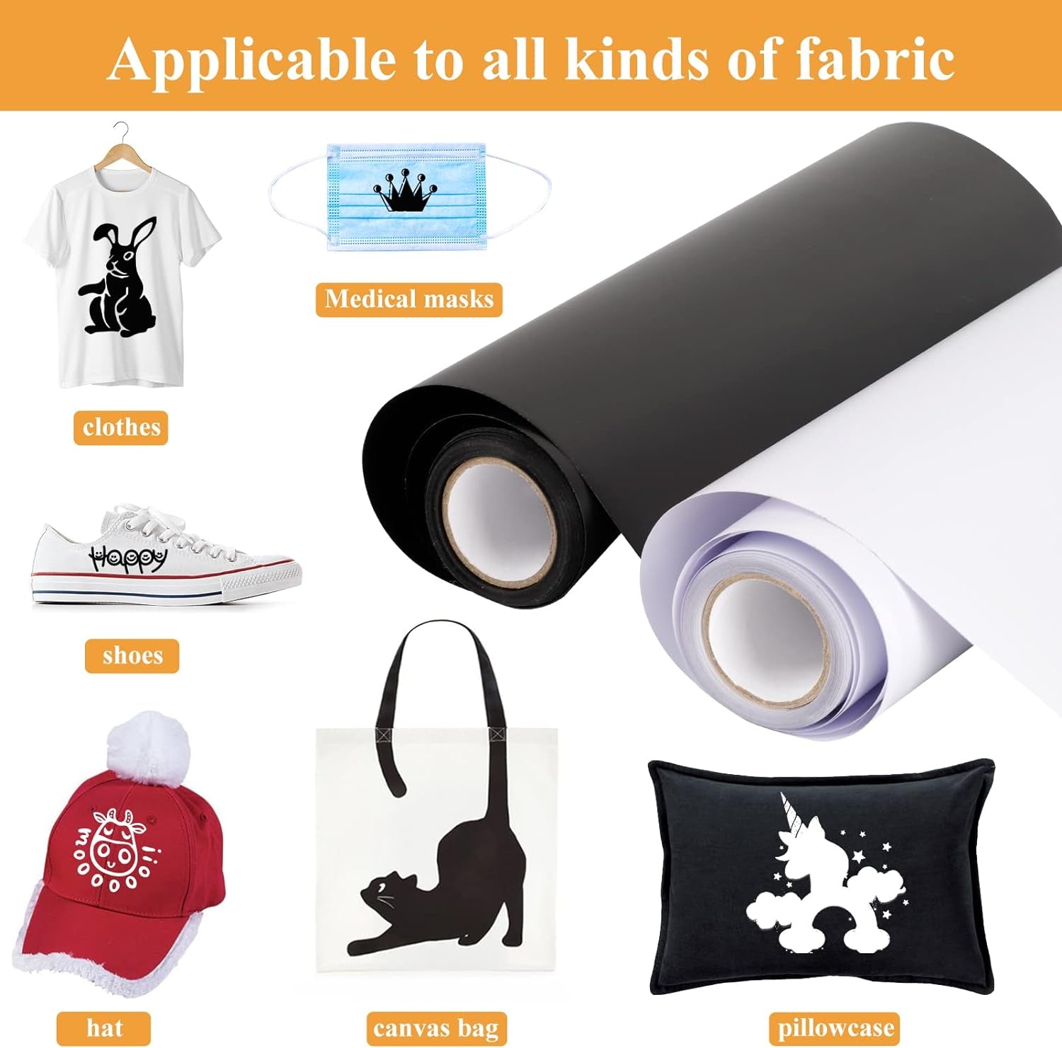 HTV Black and White Heat Transfer Vinyl Rolls, 12" X 20Ft HTV Iron on Vinyl for Shirts, Black & White Vinyl for Cricut, Cameo, Heat Press Machines (2 Rolls 12 Inches X 10 Feet Each)