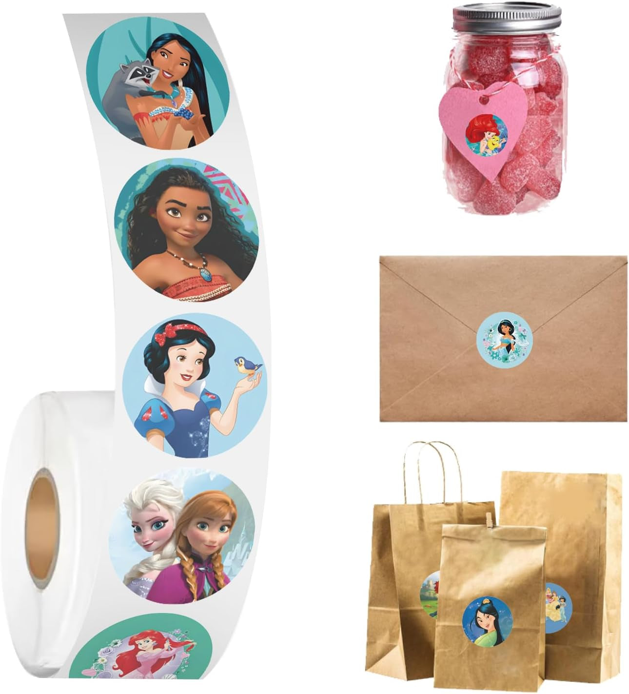 1000Pcs Princess Stickers, 20 Patterns Decals Rolls Self Adhesive Seals for Scrapbooking Cards Envelopes Gifts