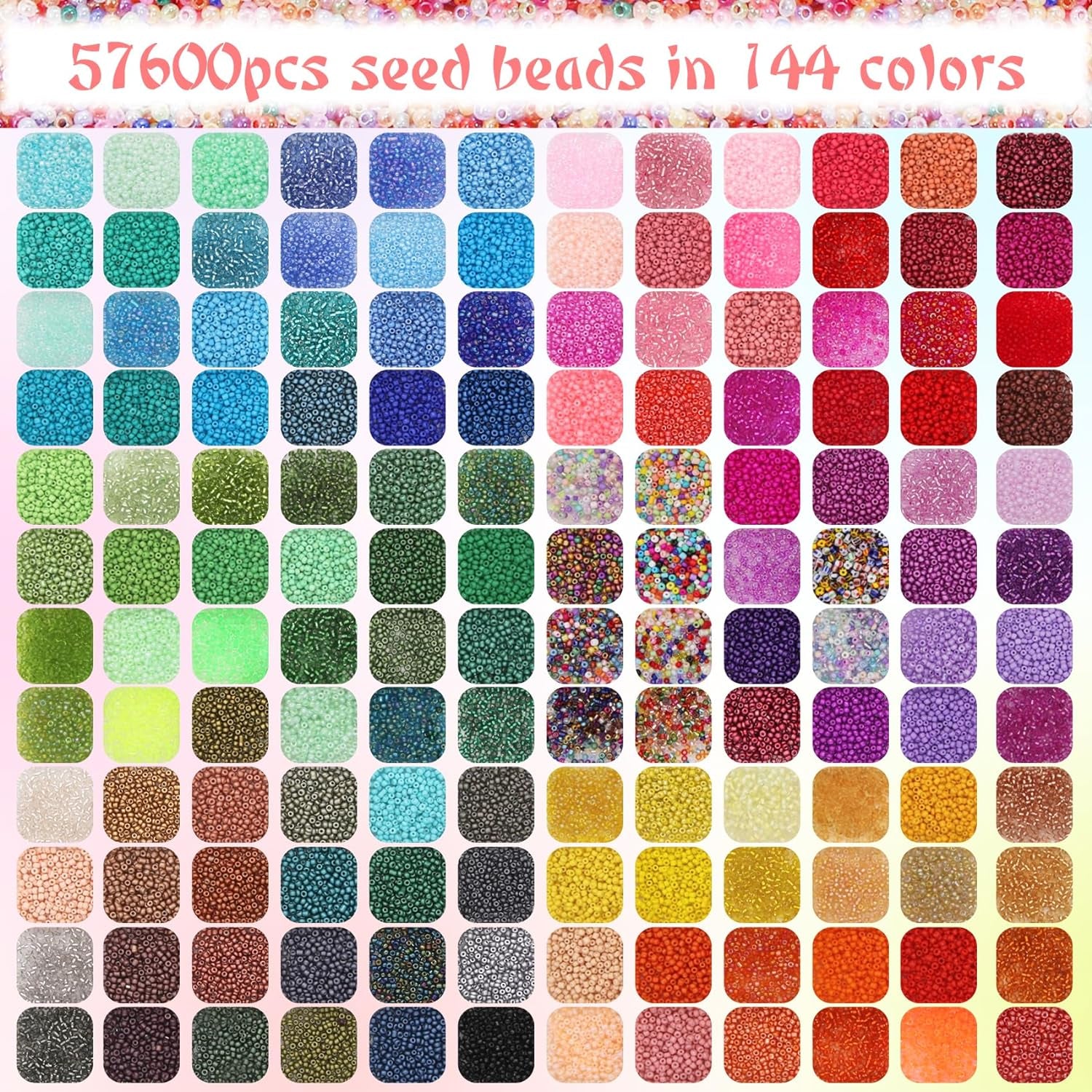 57600Pcs 2Mm Glass Seed Beads Small Craft Beads for DIY Bracelet Necklaces Crafting Jewelry Making Supplies with Beading Needles Elastic Strings (144 Colors, 400Pcs per Color)