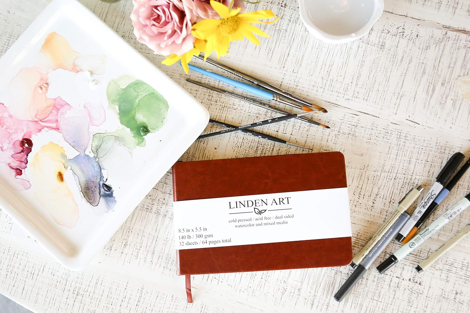 Watercolor Journal, 140 Lb (300 GSM), 64 Cold Pressed 8.5"X5.5" Pages, Watercolor and Mixed Media Travel Journal, Brown PU Leather Hard Cover