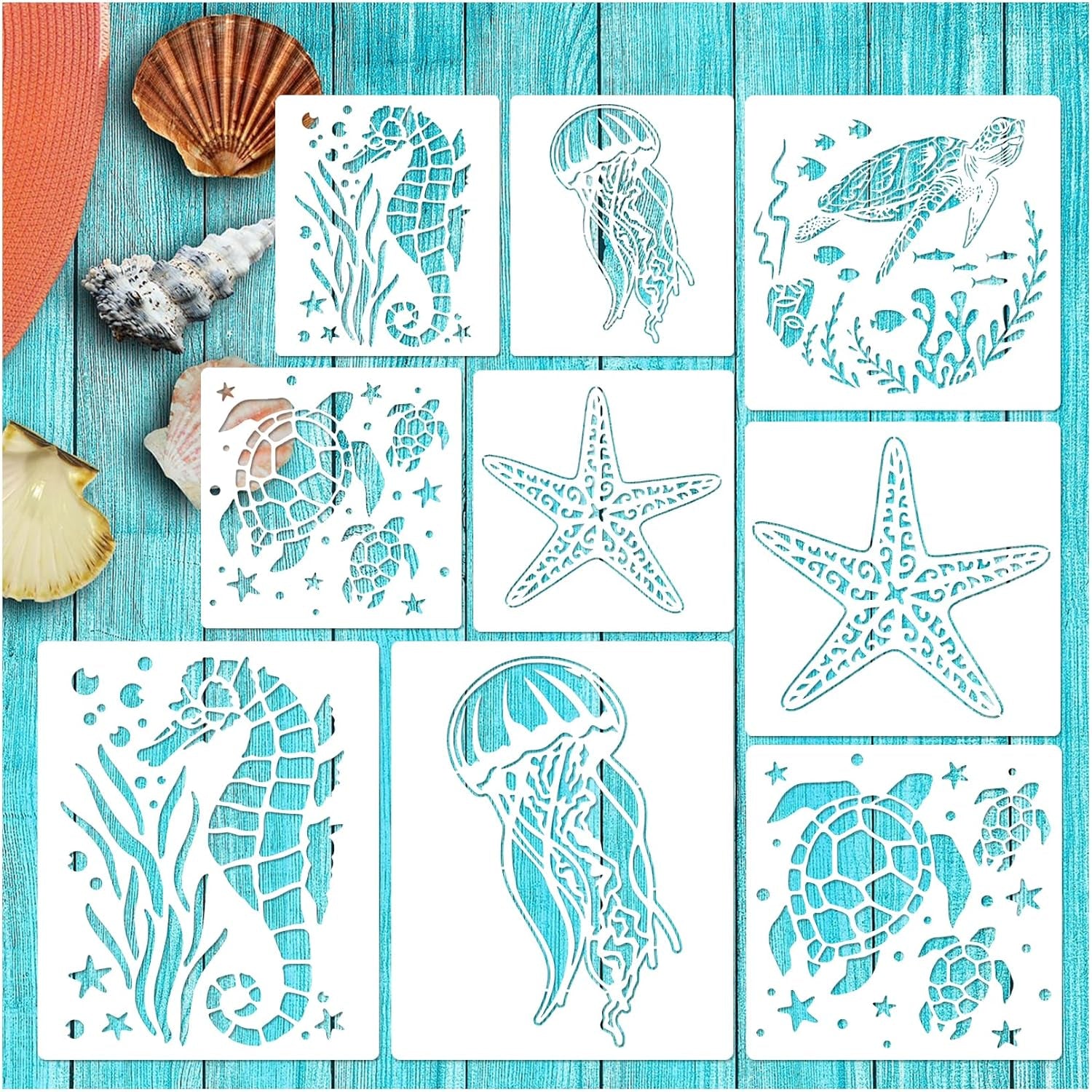 Ocean Stencils for Painting on Wood Turtle Seahorse Starfish Jellyfish Templates for Art Crafts Plastic Reusable Wood Burning Stencils for Wall Canvas (Sea)