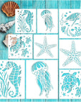 Ocean Stencils for Painting on Wood Turtle Seahorse Starfish Jellyfish Templates for Art Crafts Plastic Reusable Wood Burning Stencils for Wall Canvas (Sea)