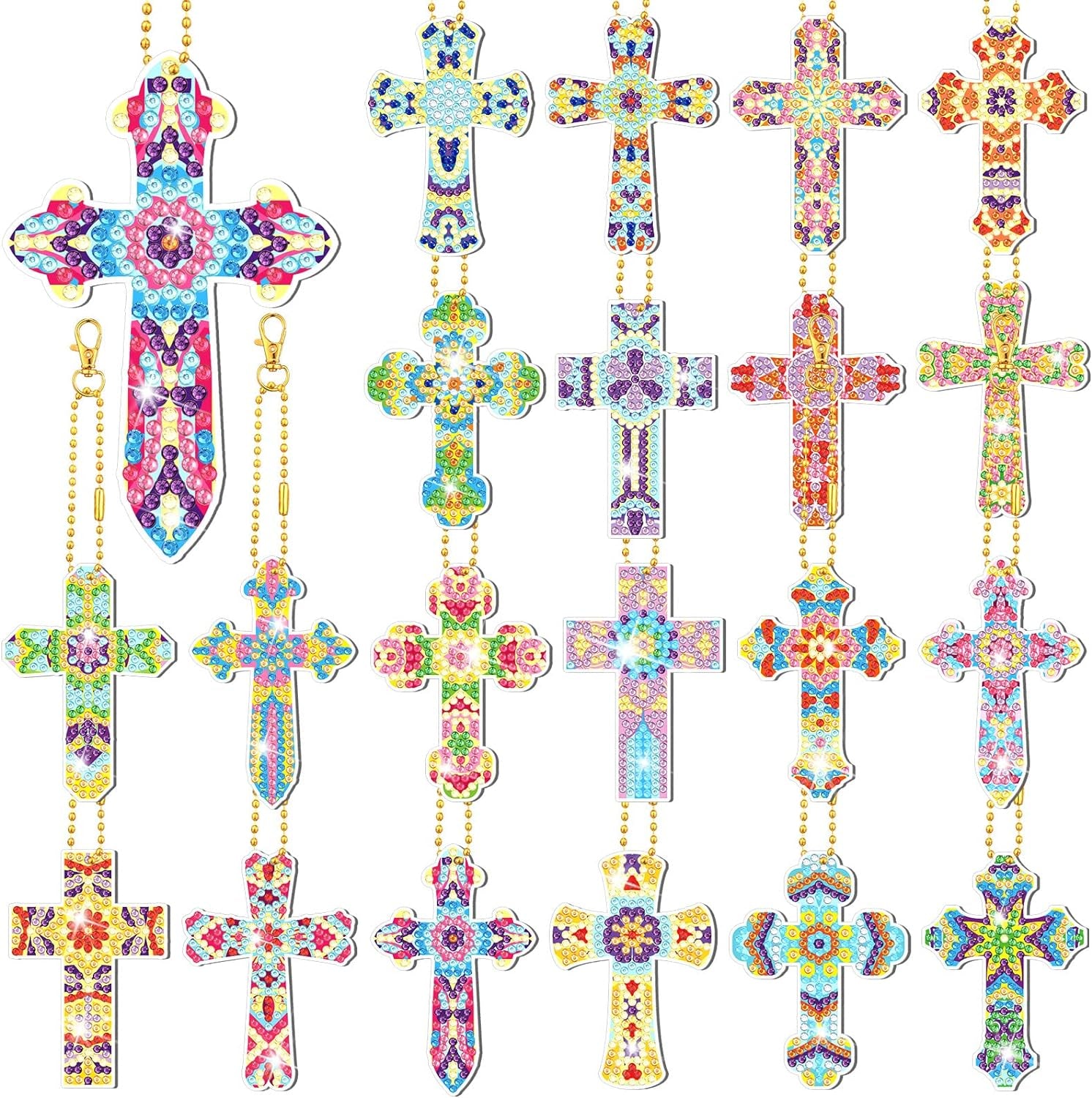 20 Pcs Diamond Painting Keychains Kit Cross Diamond Art Keychains Religious Crosses Diamond Ornaments 5D Key Chain Christian Diamond Painting Bookmarks Key Rings for Adults DIY Crafts Gifts