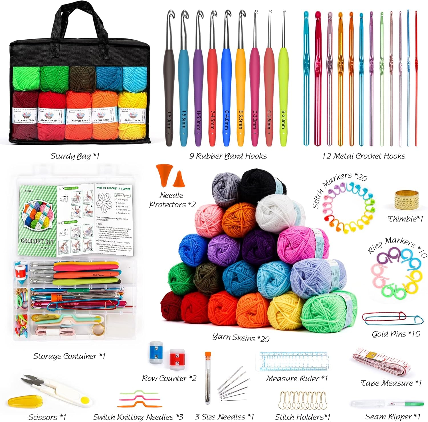 20 Large Acrylic Yarn Skeins-105 PCS Crochet Kit with Hooks Yarn Set, Premium Bundle Includes 2000 Yards Yarn Balls, Needles, Accessories, Ideal Starter Pack for Kids Adults Beginner Professionals