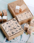 32 Pieces Wooden Rubber Stamp Set, Moon Star Botanical Decorative Wood Stamps for Journal, Diary, Scrapbook, Planner, Letter, DIY Craft, Card Making