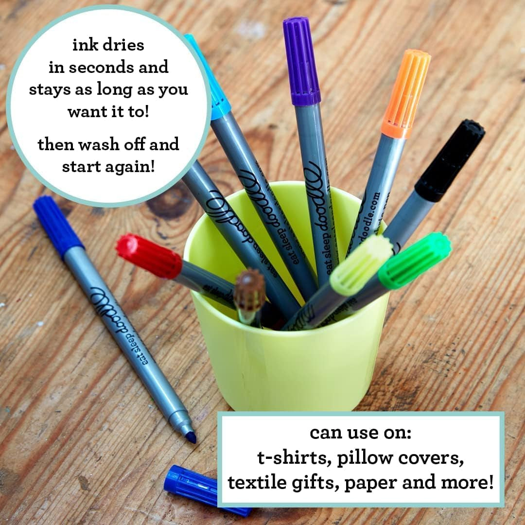 Artist Set of 20 Original Doodle Wash-Out Fabric Marker Set - Double-Ended Felt Tips in Handy Storage Box