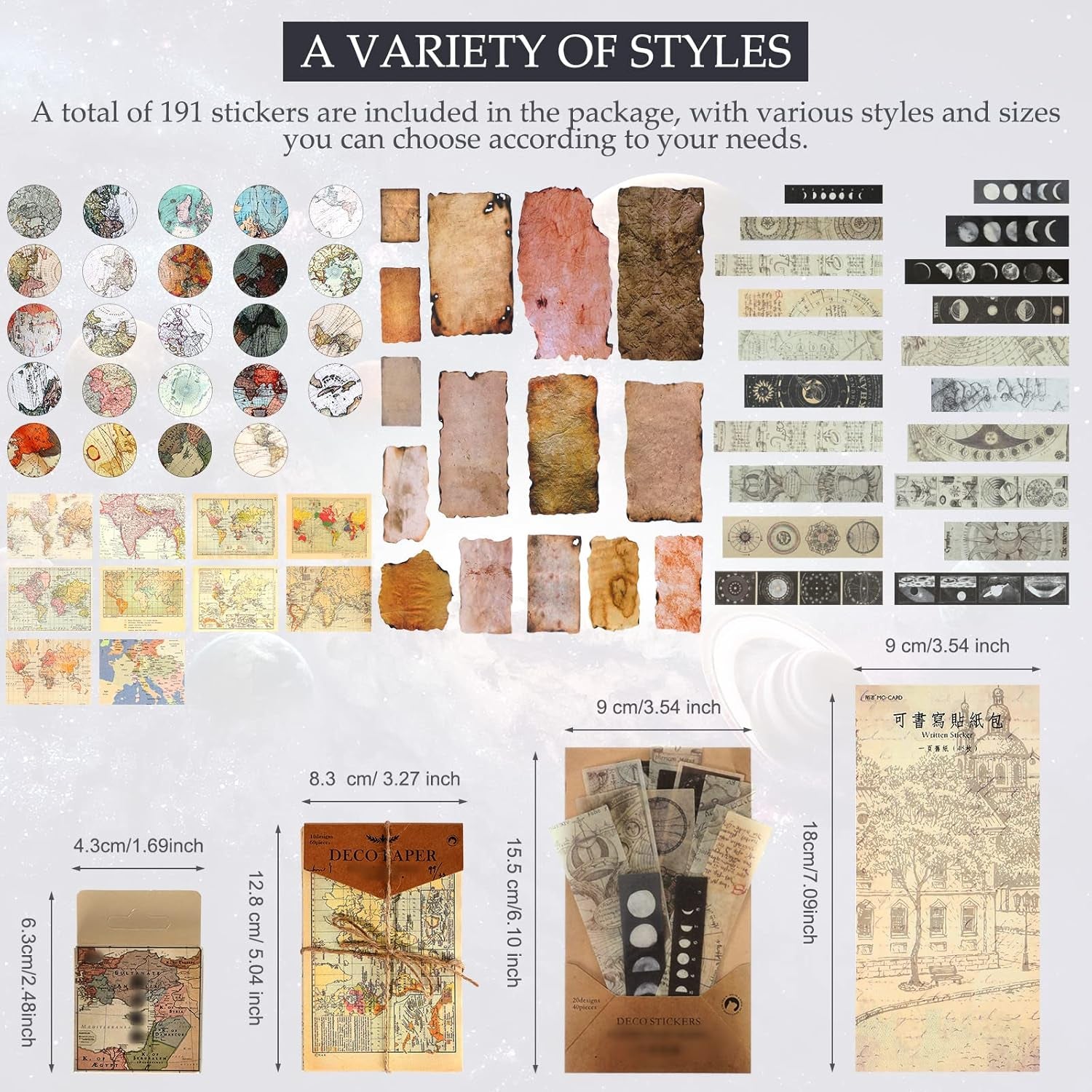 191 Pieces Vintage Astronomy Stickers for Journaling, Celestial Sticker Set, Planet Space Stickers, Astrology Stickers Galaxy Moon Phase Planner Stickers for DIY Scrapbook Journal Decal (Vintage)