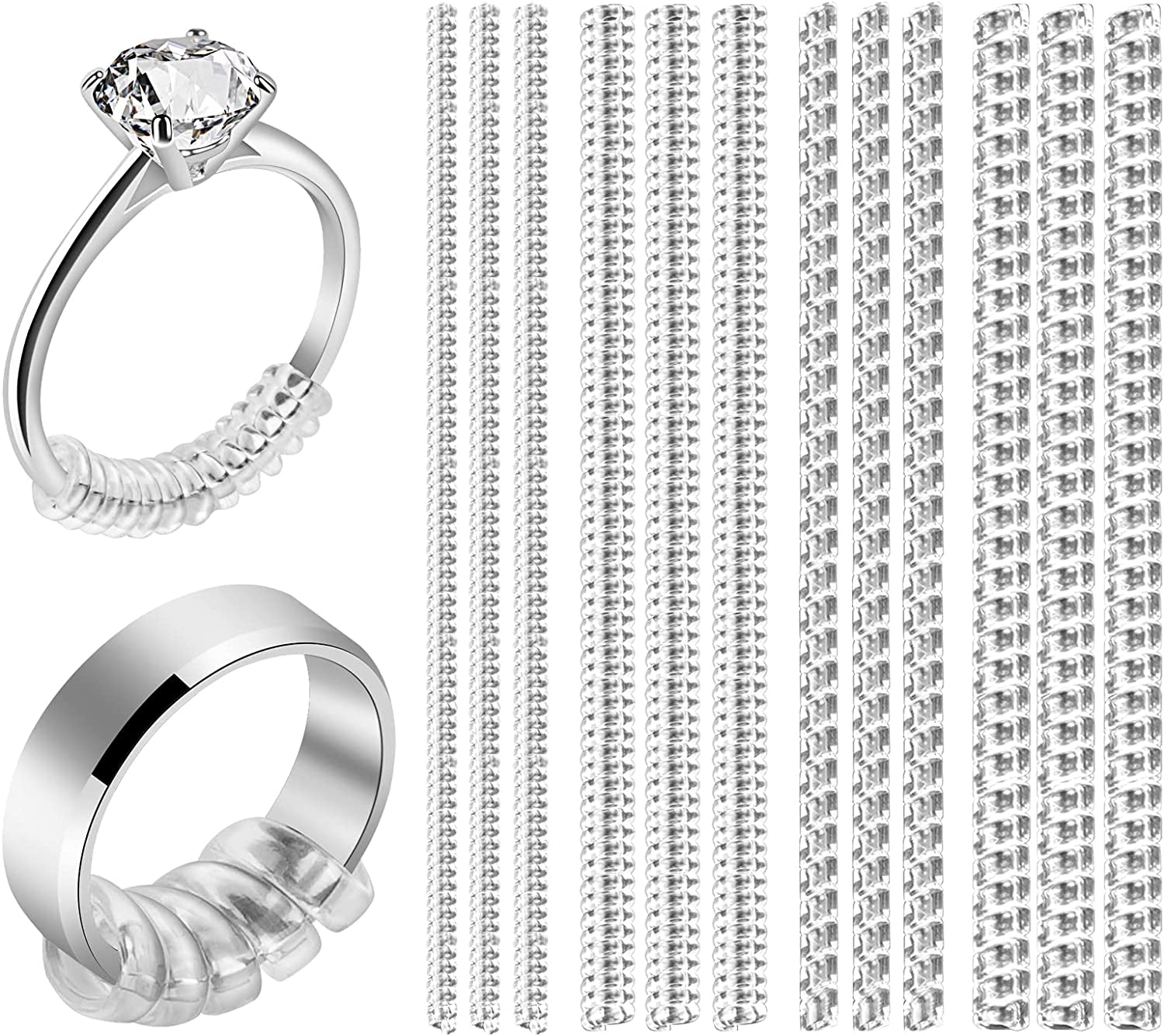 Ring Sizer Adjuster for Loose Rings, 12 Pack 4 Sizes Invisible Clear Silicone Ring Guard for Women Men, Ring Resizer Tightener Spacer Fitter for Too Big Ring, Make Ring Smaller without Resizing