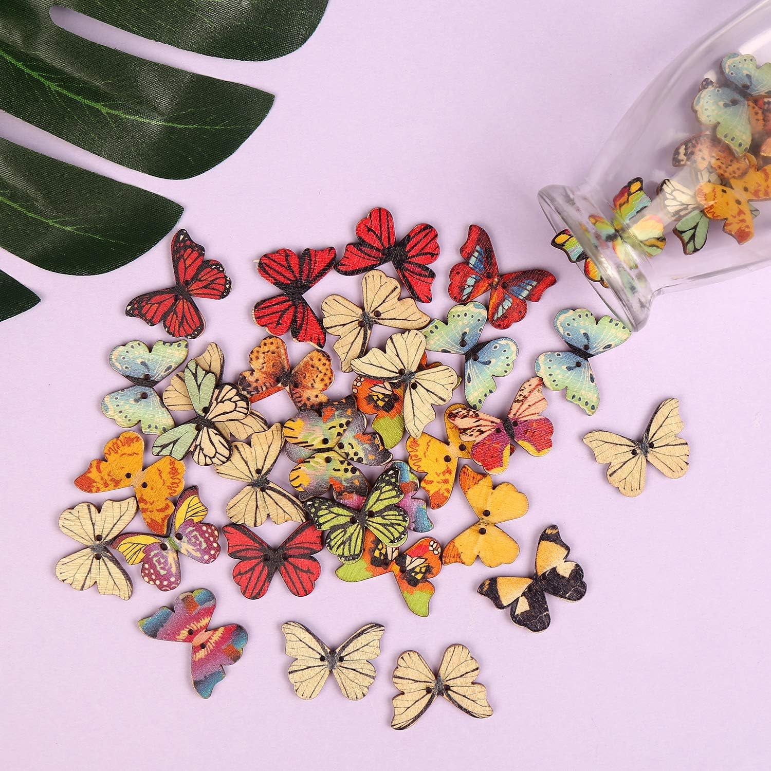 100 PCS Butterfly Wooden Buttons,1 Inch Colorful 2 Holes Mixed Decorative Buttons for DIY Sewing&amp;Wood Craft Clothes Accessories