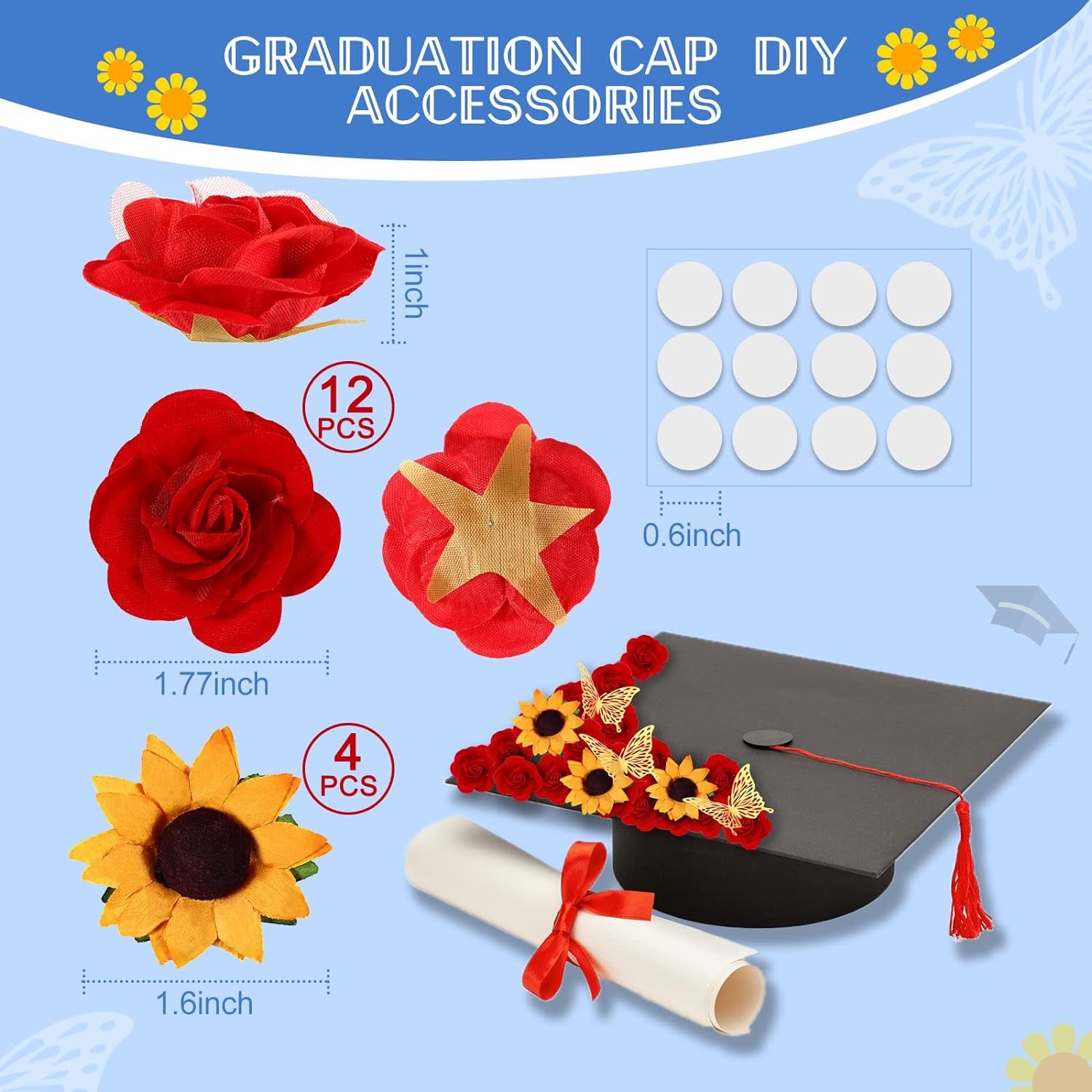 30 Pcs Stick Flat Back Roses Floral Stickers Adhesive Backed Roses Yellow Sunflower Heads 3D Butterfly Stickers for Graduation Cap Decoration Home Decor Craft Art Decor