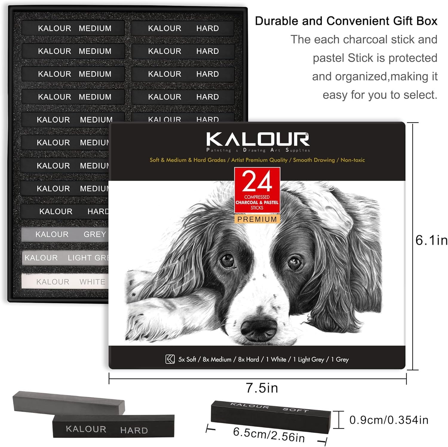 24 Pro Charcoal Drawing Set - Soft,Medium,Hard Charcoal and White Charcoal - Charcol Sticks for Drawing Sketching Shading - Art Supplies Gift for Artists Beginners Adults