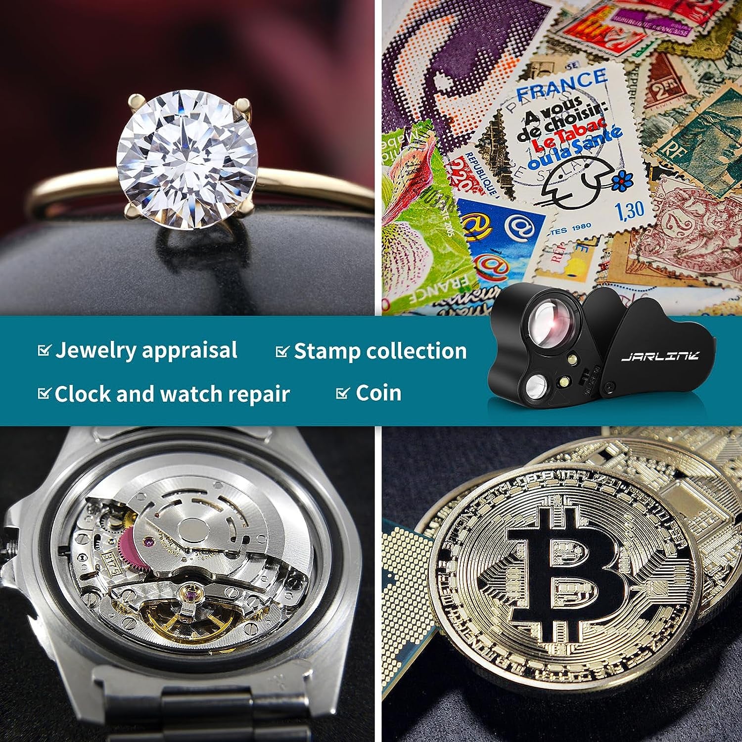 30X 60X Illuminated Jewelers Loupe Magnifier, Foldable Jewelry Magnifier with Bright LED Light for Gems, Jewelry, Coins, Stamps, Etc