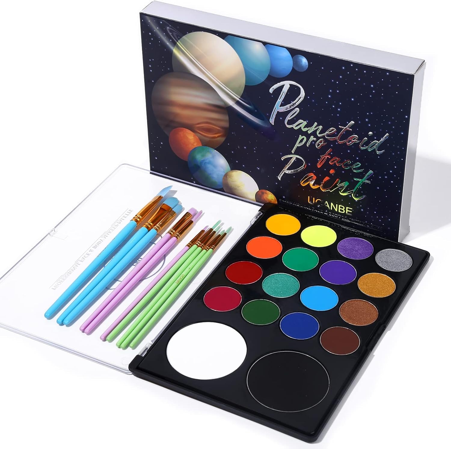 Face Paint Kit + 10Pcs Paint Brush Water Activated Body Paint SFX Makeup Palette for Cosplay Halloween Black White Face Painting Kits for Adults Matte Neon Special Effects Makeup Kit