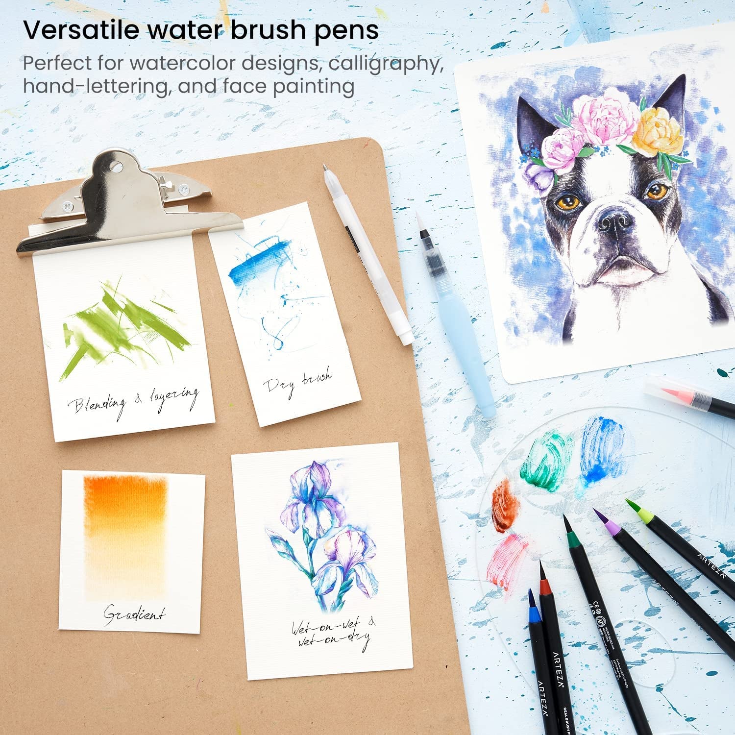 Water Brush Pen, Set of 4, Assorted Soft Nylon Bristle Tips, Self-Moistening Water Brush, Refillable Water Pen