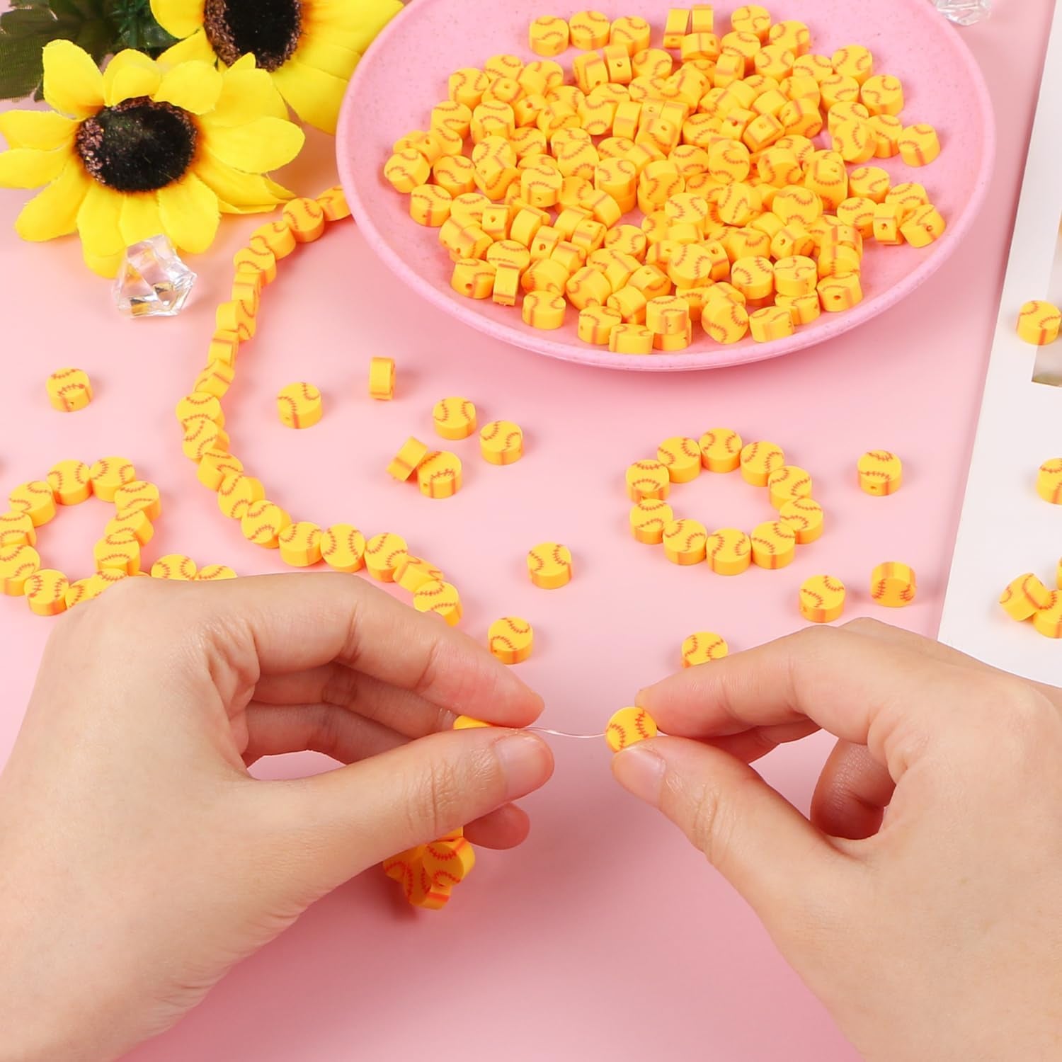 100 Pcs Baseball Beads for Jewelry Making, Sports Polymer Clay Beads Bulk with Box, 10Mm Baseball Softball Beads Charms,Sports Ball Spacer Beads for DIY Crafts Bracelet Yellow