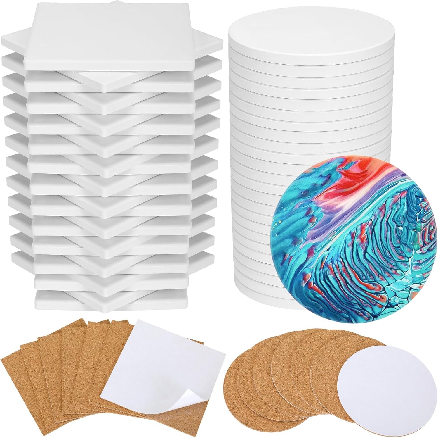 Ceramic Tile for Crafts Coasters, 24 Pack White Tiles Unglazed 4 Inch with 24 Pack Cork Backing Pads Includes Square and round Ceramic Coasters for DIY Arts Craft Project Coasters (24)