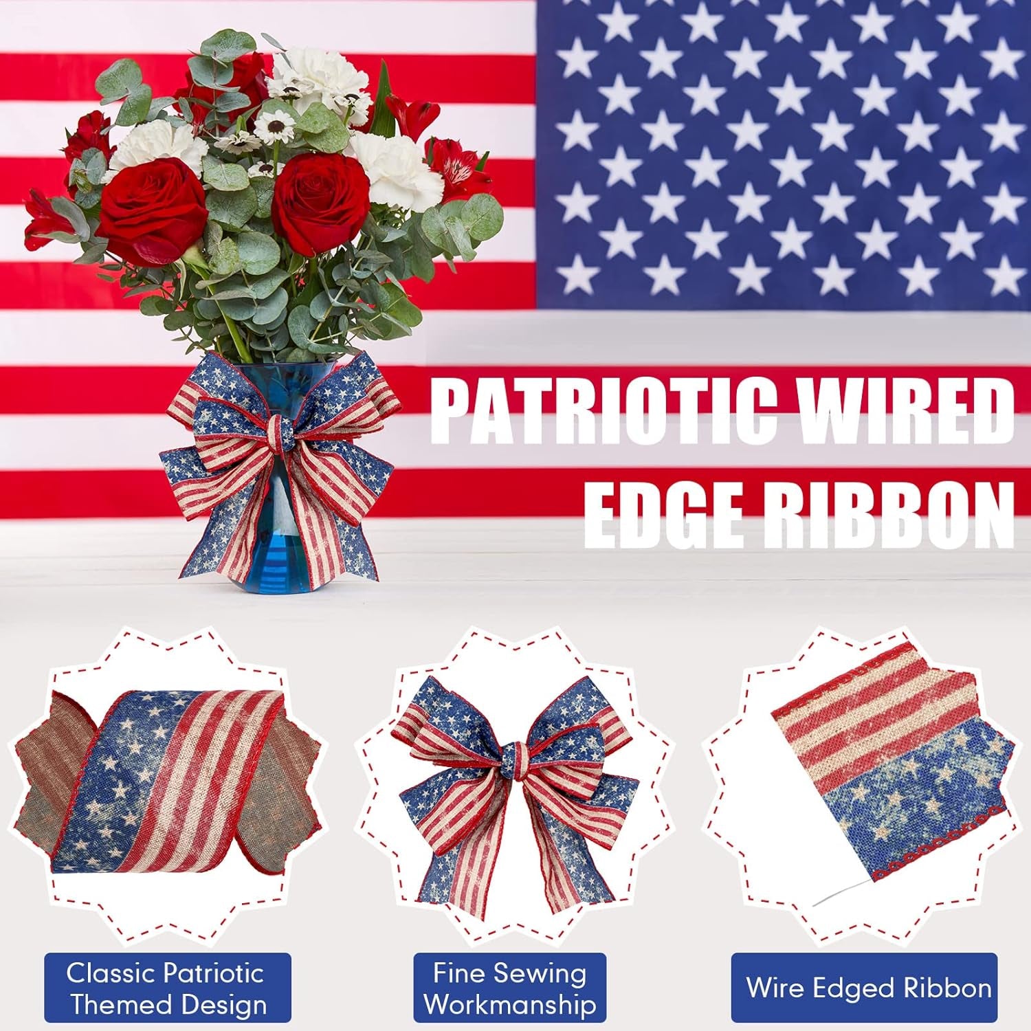 2 Rolls 20 Yard Patriotic Day Ribbon 4Th of July Wreath Ribbon Stars and Stripes Vintage Wired Ribbon Red White Blue American Flag Ribbon for Independence Day DIY Craft Party Decor
