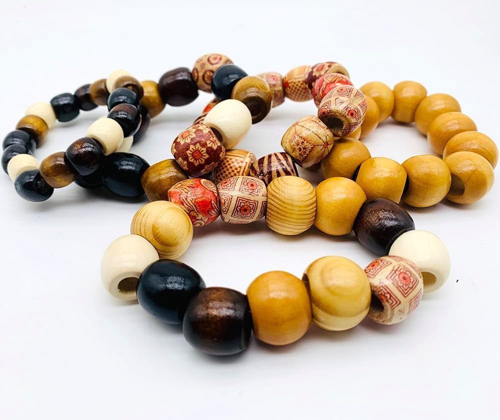 200Pcs Large Hole Barrel Wood European Loose Beads 4 Colors Natural Wooden Dreadlock Hair Braid Beads for Hair Braids Jewelry Bracelet Necklace Making 16X16-17Mm