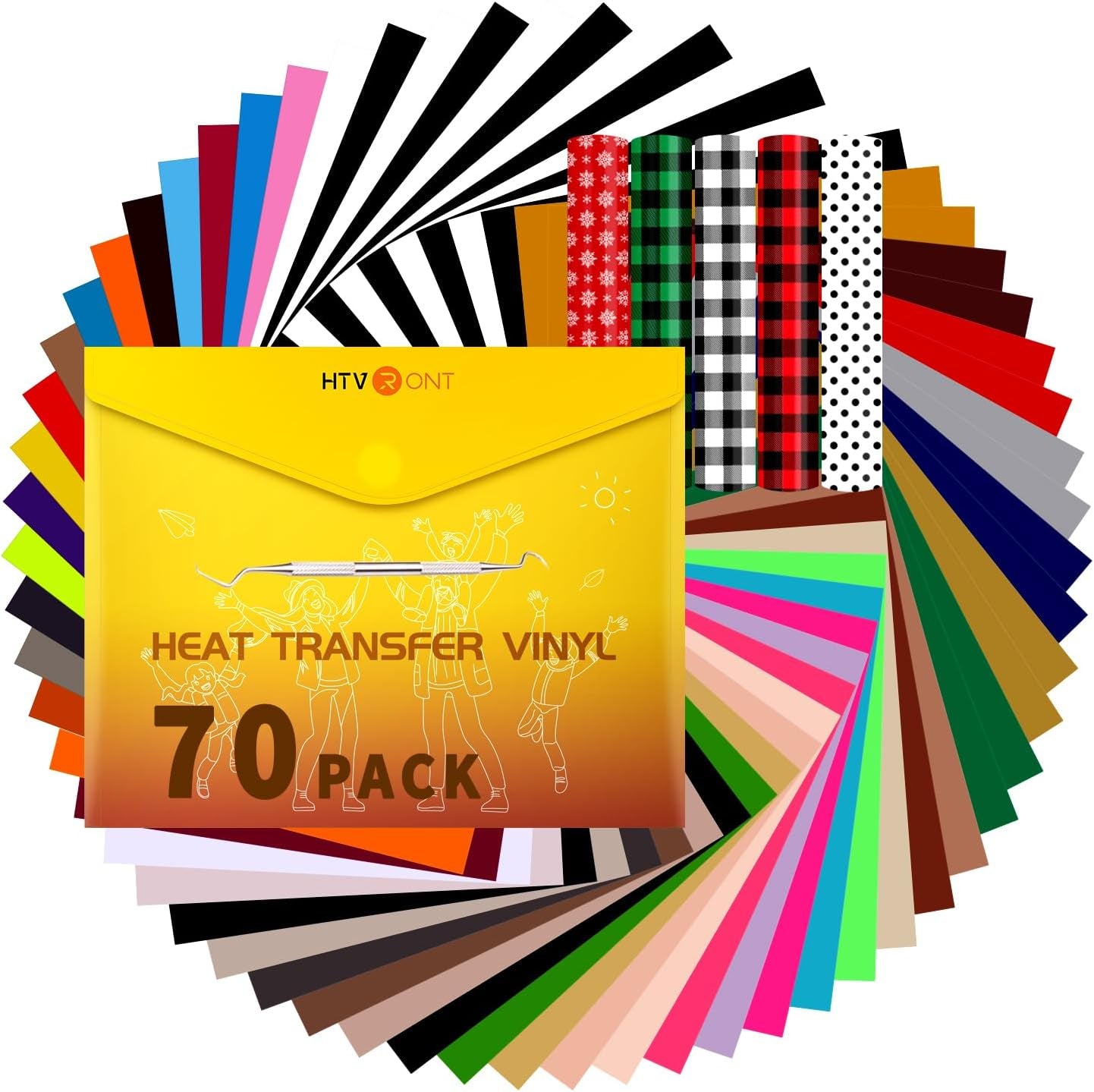 HTV Vinyl Heat Transfer Vinyl Bundle-70 Pack Iron on Vinyl for T Shirts 51 Assorted Colors HTV Sheets with Weeding Hooks and Teflon Sheet