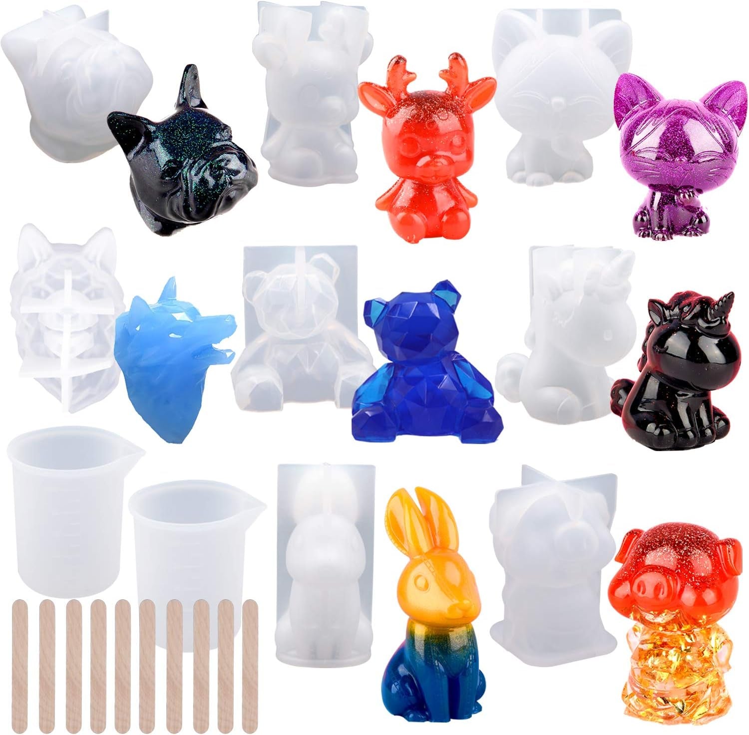 20Pcs 3D Animal Resin Molds Tools Set Includes 8 Resin Casting Molds Large Clear Epoxy Silicone Molds 2 Measurement Cup 10 Wood Sticks for Resin Craft DIY