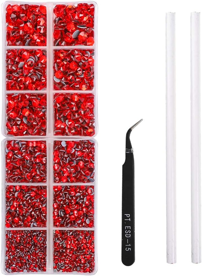 5040Pcs Red Flatback Rhinestones for Crafting, Crystal round Gems for Nail Art DIY Crafts Clothes Bags, 6 Mixed Size Hotfix Rhinestones with Tweezers and Picking Rhinestones Pen