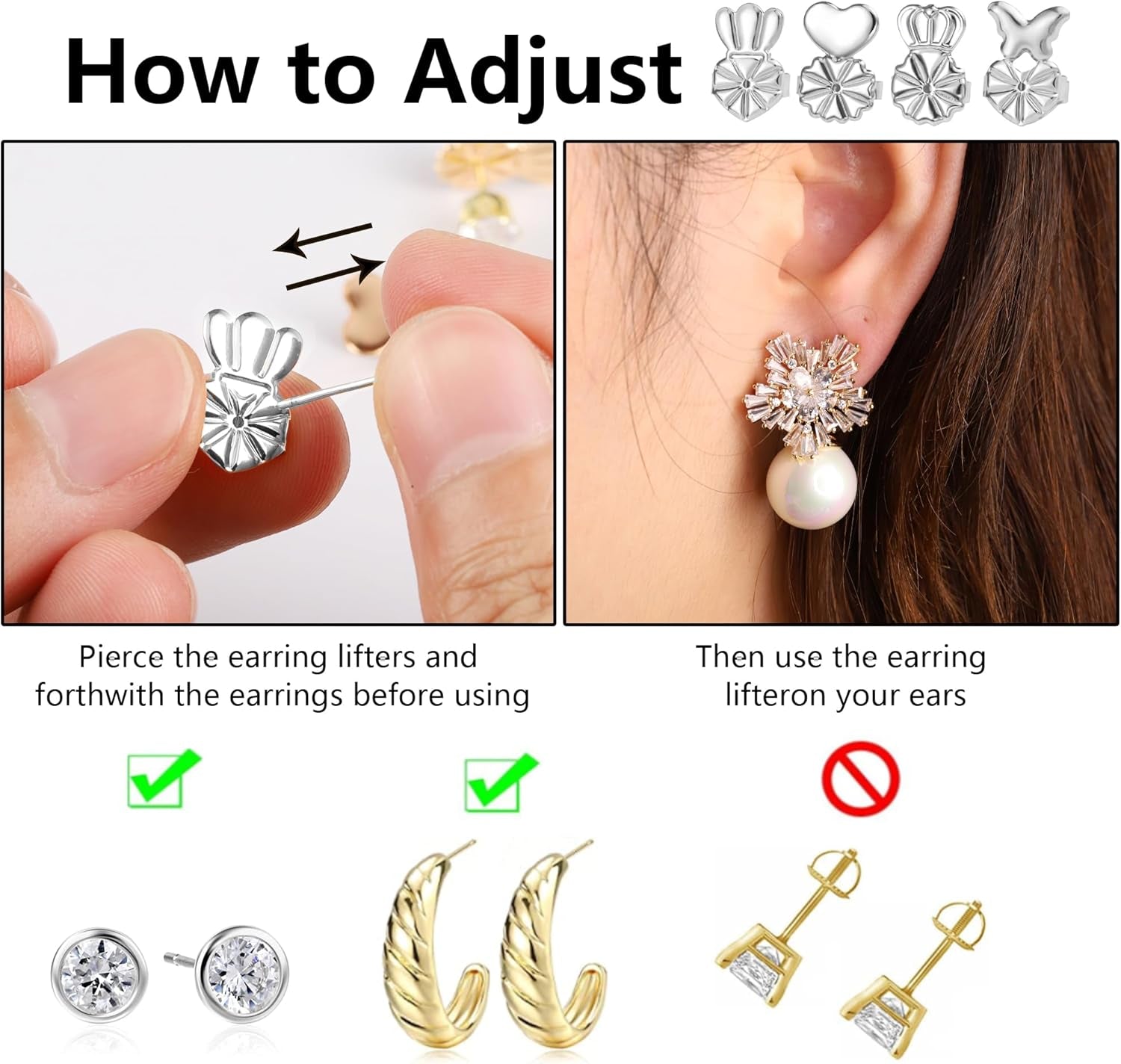 Earring Backs for Droopy Ears 8 Pairs Hypoallergenic Earring Lifters Backs for Studs, Adjustable Earring Backs Repacements for Heavy Earrings