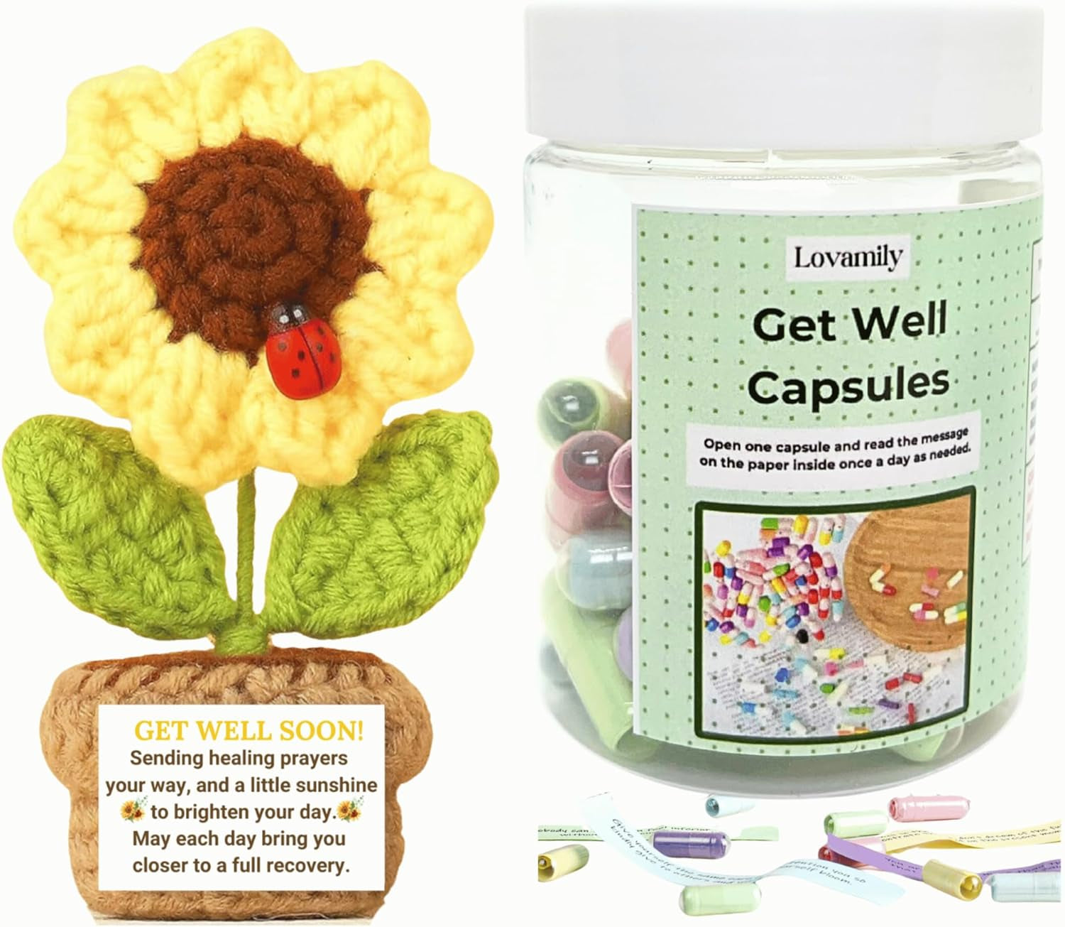 Get Well Soon Gifts - Positive Message Bottle and Knitted Positive Sunflower Crochet with Card Get Well Gifts for Women Men Patients after Surgery Cancer Chemo Sick Recovery Gifts Emotional Support