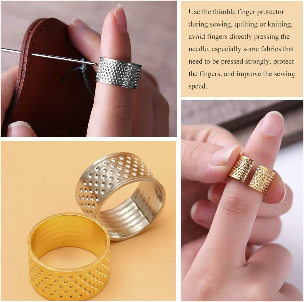 8 Pcs Sewing Thimble + 30 Pcs Sewing Needles, Finger Protector Fingertip Thimble Adjustable Metal Bronze Sewing Thimble Rings and Leather Coin Thimble for Needlework, Hand Embroidery Craft