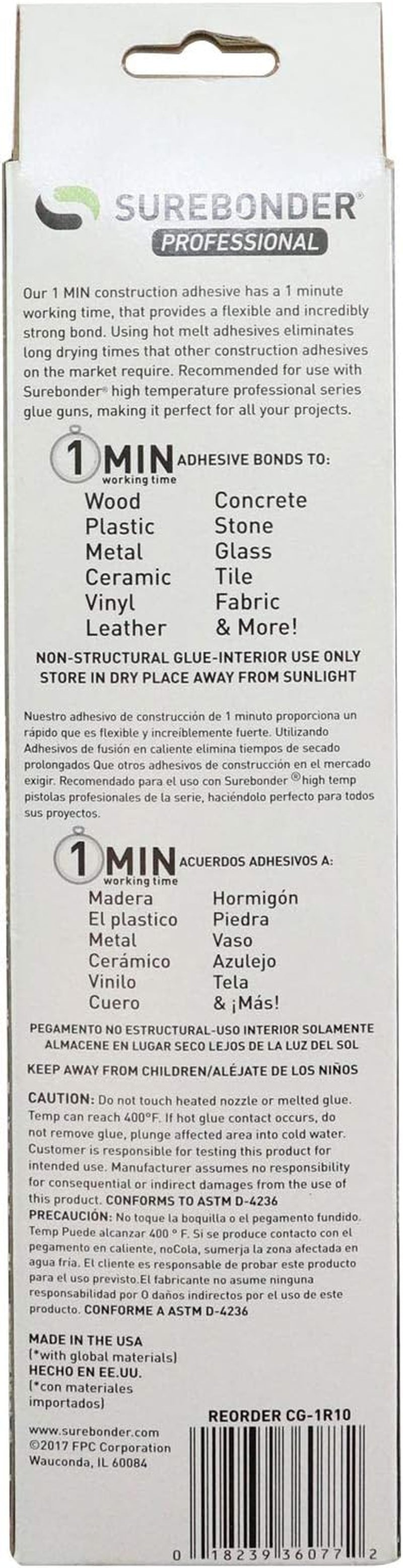 Construction Professional Grade Adhesive Hot Melt Glue Sticks - Full Size 10" L, 7/16" D - 1 Minute Working Time, for Home Repairs & Strong Bonds, Made in USA (CG-1R10T)