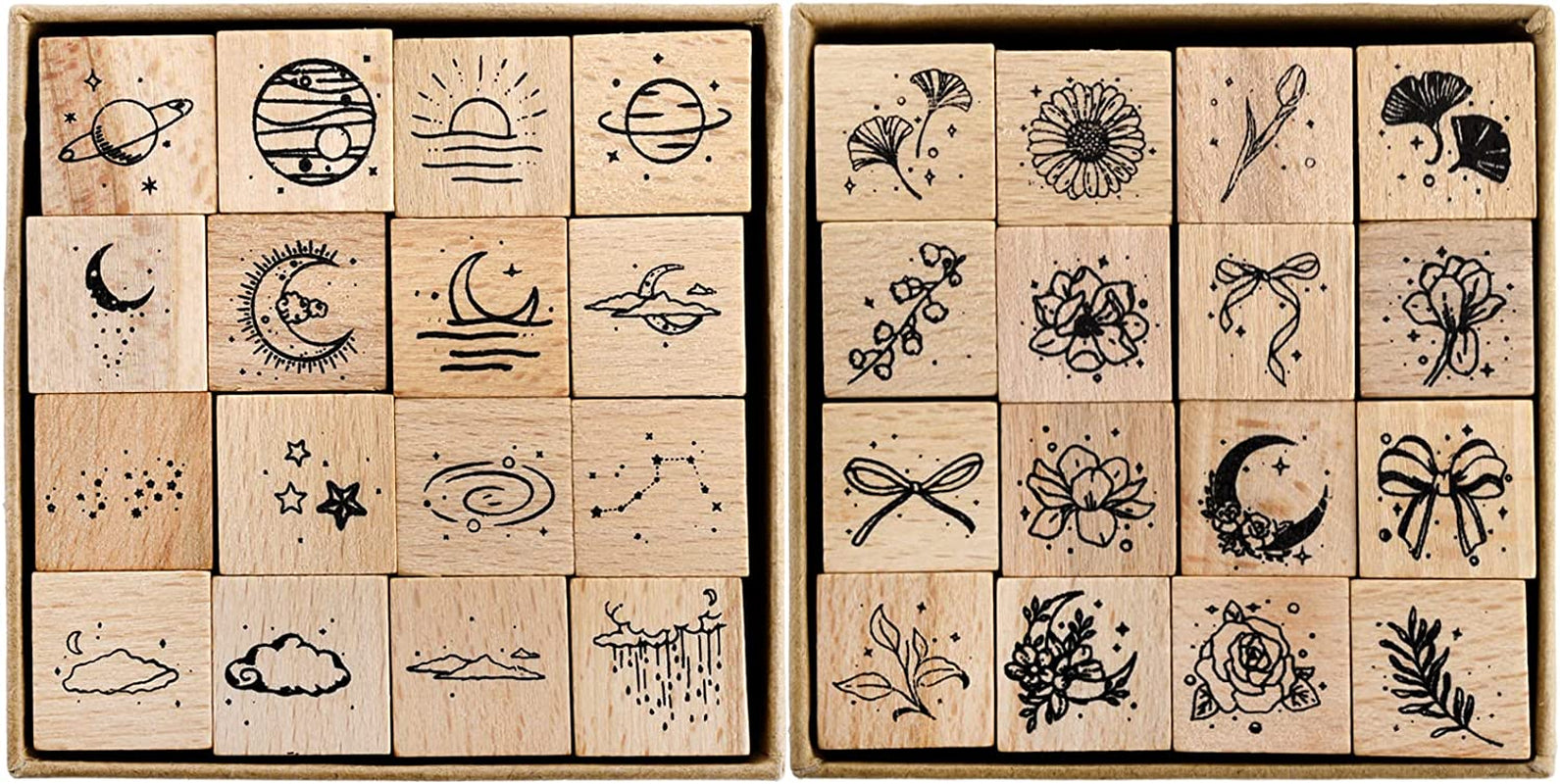 32 Pieces Wooden Rubber Stamp Set, Moon Star Botanical Decorative Wood Stamps for Journal, Diary, Scrapbook, Planner, Letter, DIY Craft, Card Making