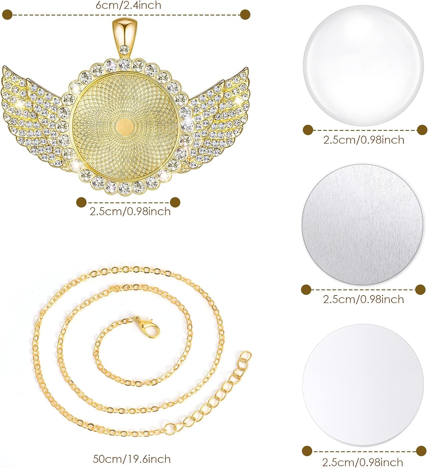 60 Pcs Sublimation Angel Wing Jewelry Blanks Set Rhinestone Bezel Pendant Trays Glod and Silver Sublimation Necklace Blank with Chain Set for Making Crafts Wedding Jewelry Gifts