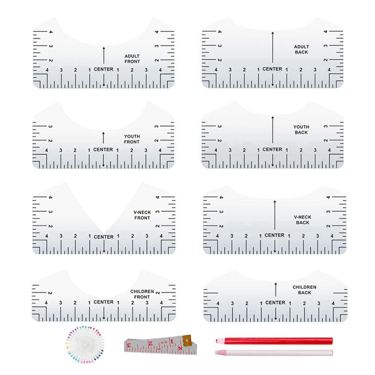 9Pcs Tshirt Ruler Guide to Center Vinyl, Transparent V-Neck/Round PVC Ruler for Alignment, Heat Press, Children Youth Adult
