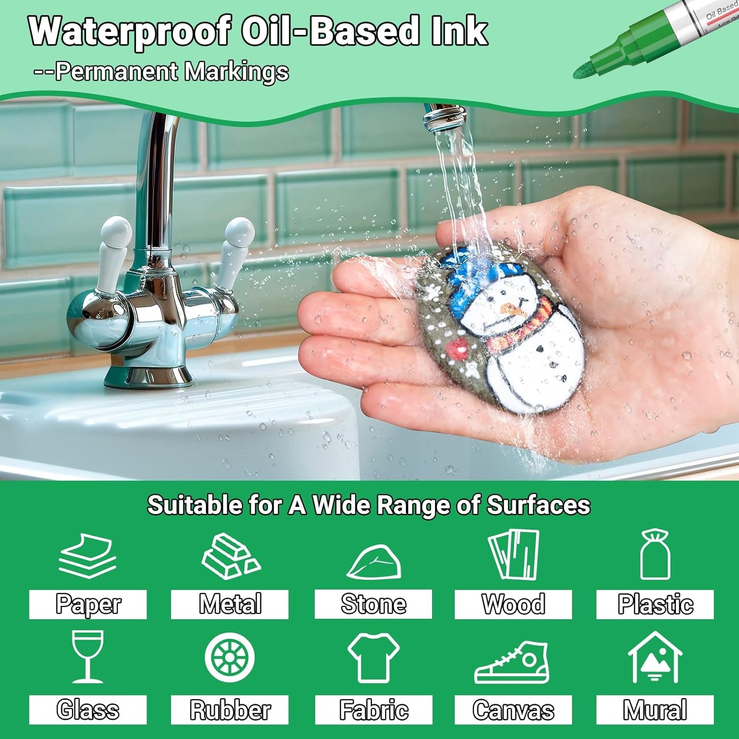 Oil Based Paint Pen, Permanent Paint Marker: Quick-Dry, Waterproof Paint Set of 12 for Rock Painting, Glass, Fabric, Ceramic, Wood, Metal, Mug, Plastic, Stone, Christmas Stencil Art Craft Supplies Kit