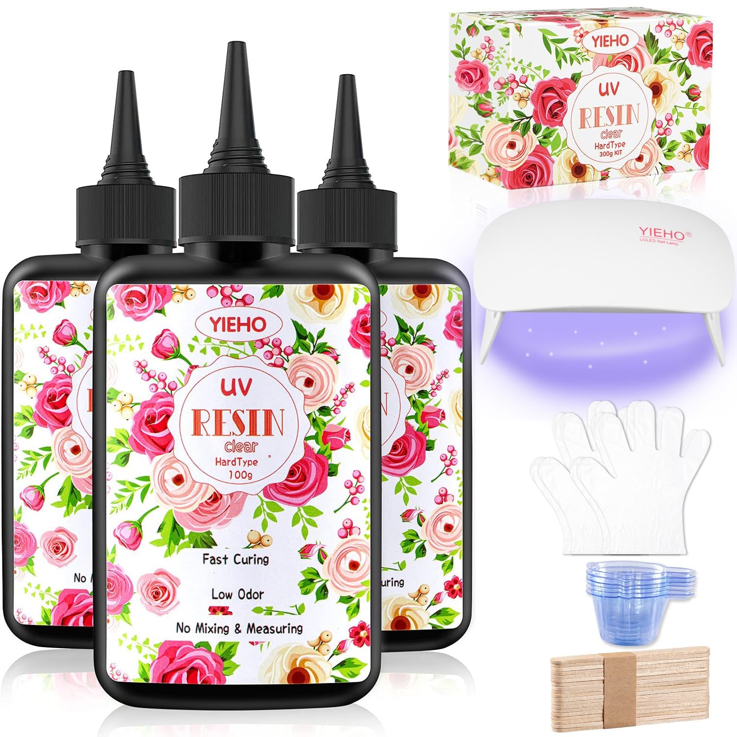 300G UV Resin Kit with Light-Upgraded Crystal Clear Hard UV Curing Premixed Epoxy Resin Starter Supplies for Art Craft Beginner Jewelry Making with Lamp