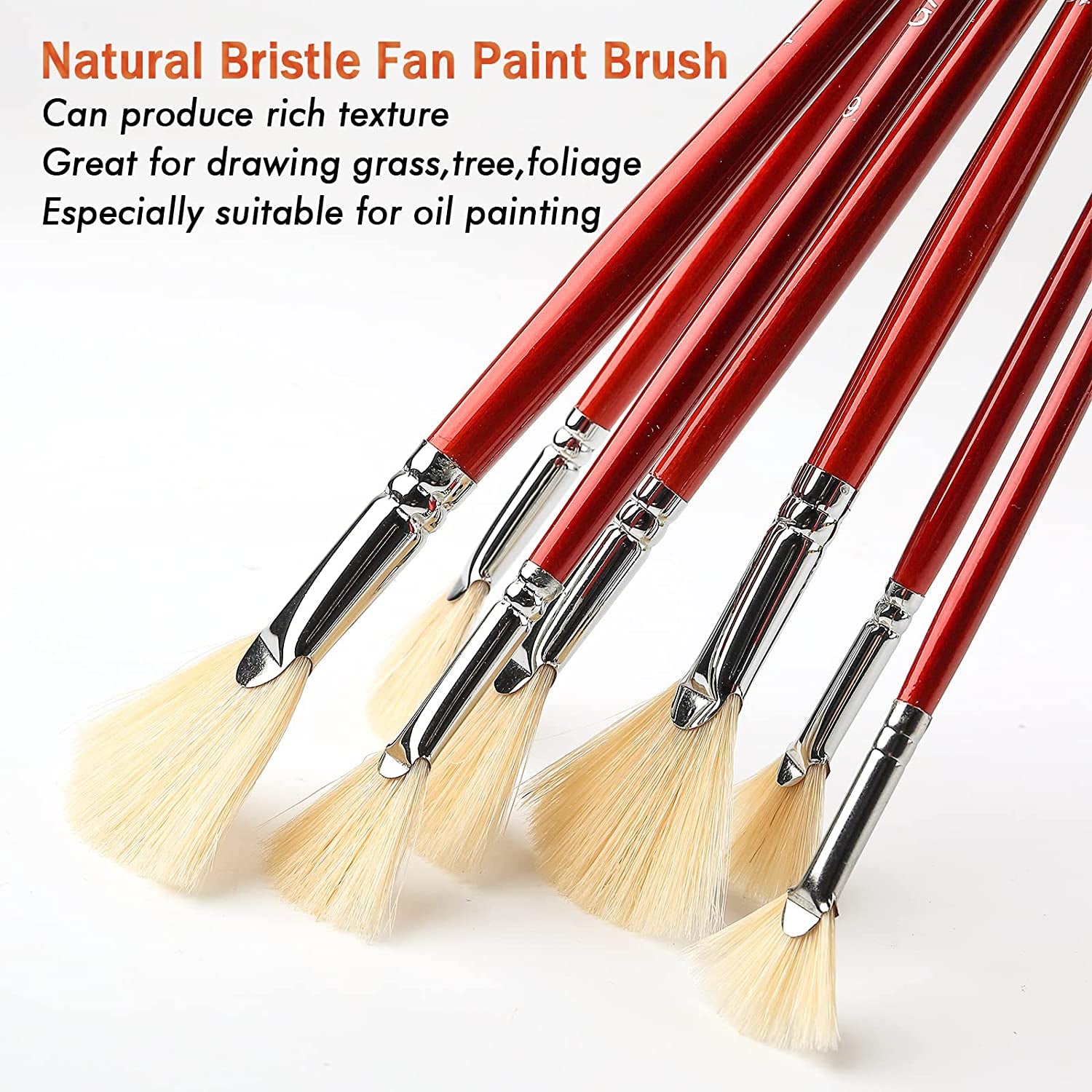 Fan Brush for Painting, 7 Pieces Fan Brush Set with Hog Bristle Natural Hair and Long Wood Handle, Professional Artist Fan Brushes for Acrylic Painting,Oil Watercolor Painting