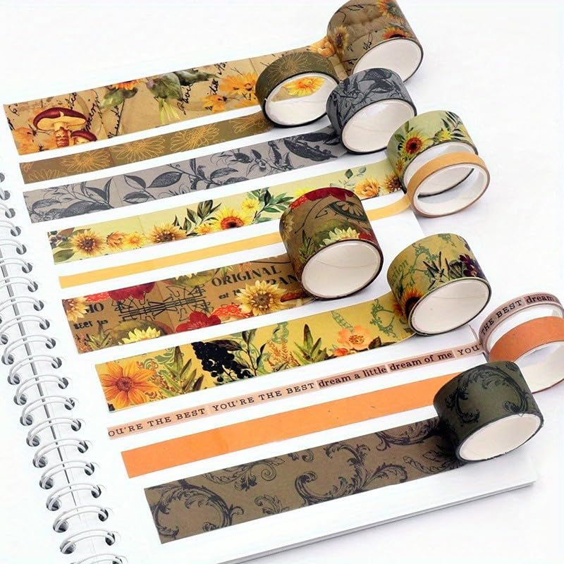 Washi Tape Set, 20 Rolls Sunflower Aesthetic Vintage Decorative Masking Tape,Sun Flowers Fall Tapes for Scrapbooking Supplies,Journaling Supplies,Junk Journal Supplies 5/10/15/20/25Mm
