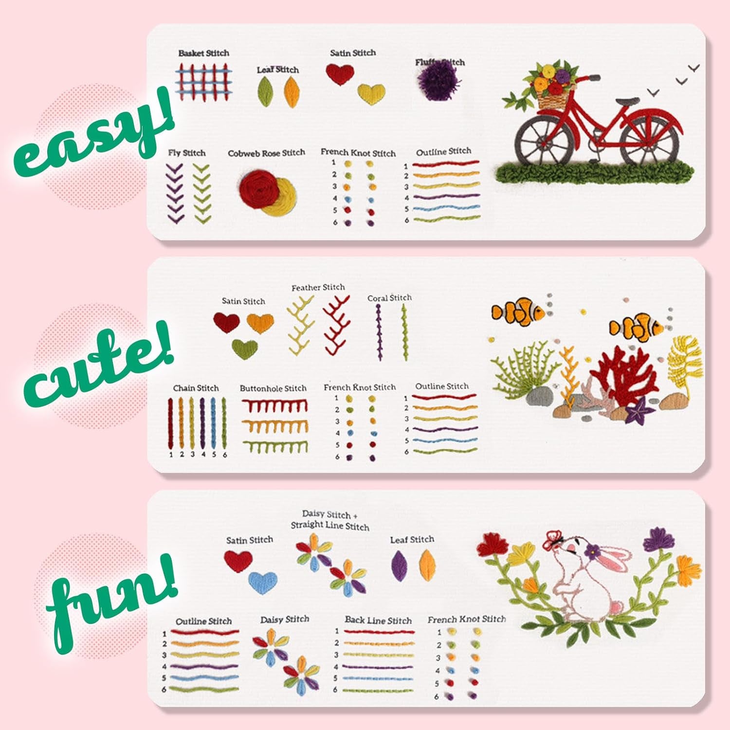 3 Sets Learn to Embroider Kit, Begginer Embroidery Kit for Adults, Embroidery Starter Kit with Patterns, Needles, Ajustable Hoop, Instructions