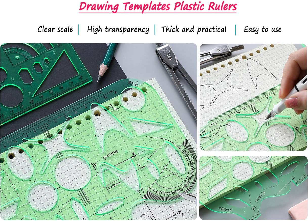 9 PCS Drawing Templates Plastic Rulers Multi-Function Measuring Rulers with French Curve Ruler,Geometric Drawings Templates Rulers Tool Set for Studying Designing and Building (Green)