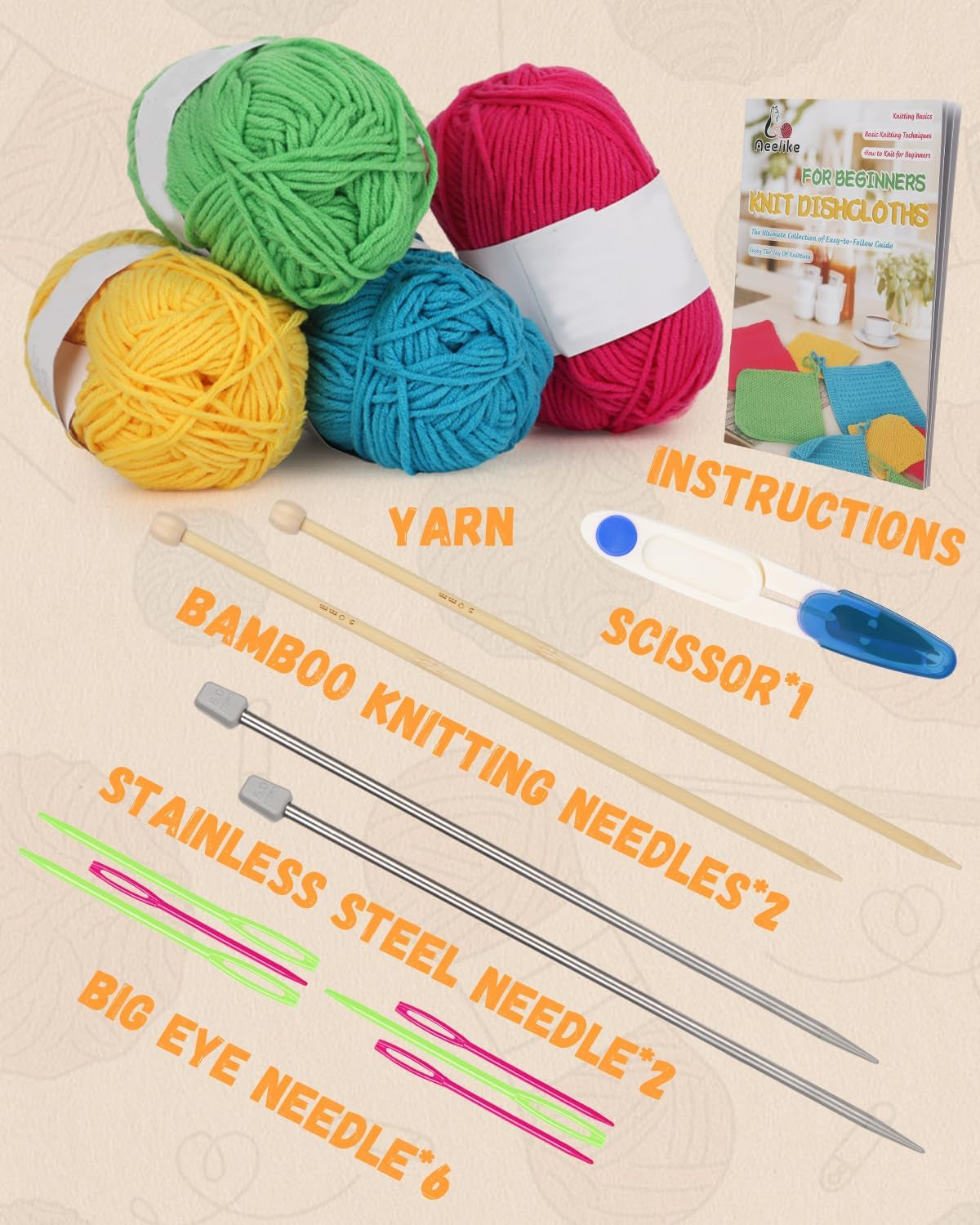 Knitting Kits for Beginners, 4 Pcs Bamboo and Metal Knitting Needle Set with Cotton Yarn, Knitting Set for Making Dishcloth with Step-By-Step Instructions,Colorful