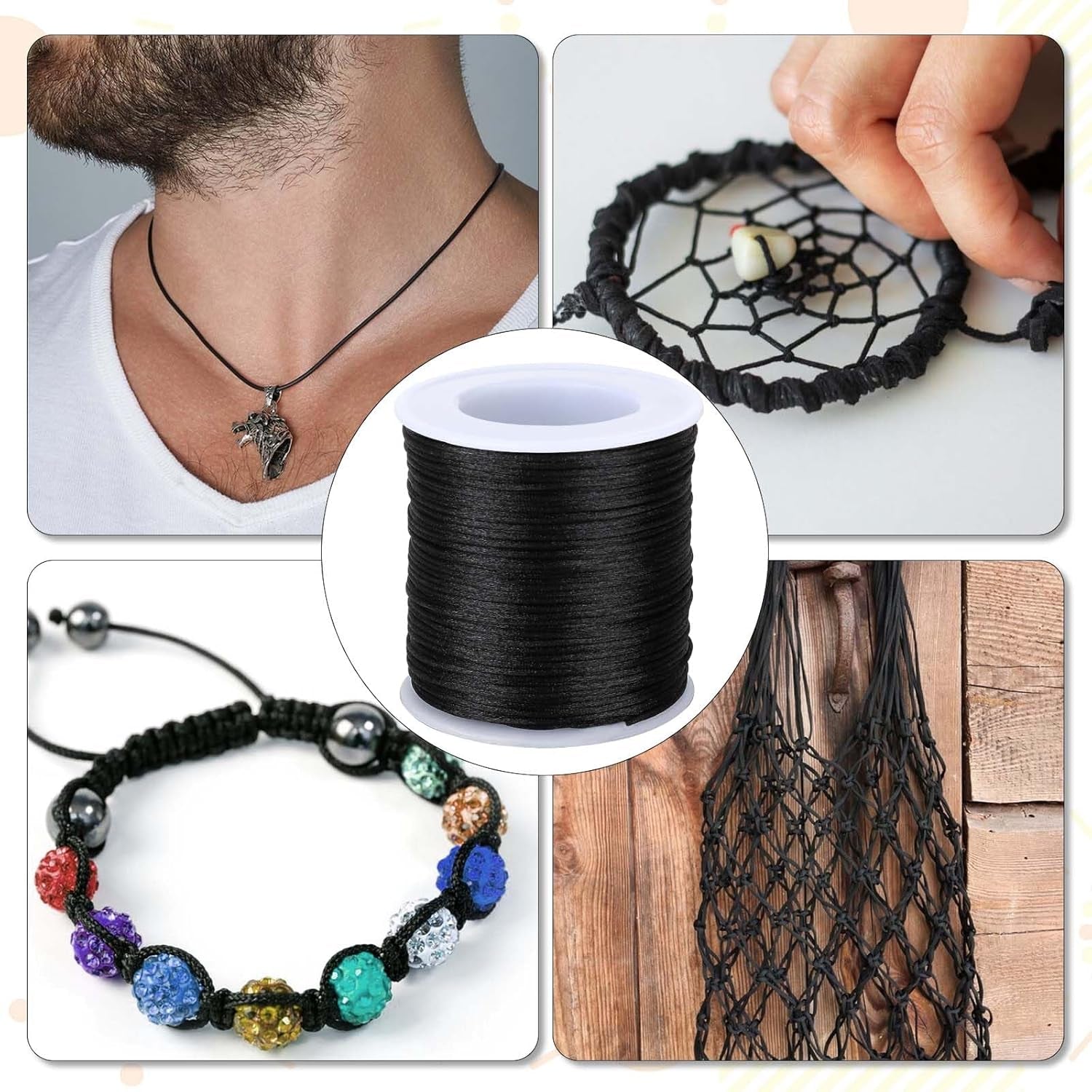 1.5Mm X 60 Yards Black Nylon Satin Cord Wind Chime Cord Replacement Necklace String for Bracelet Jewelry Making Macrame Waxed Cord Trim Cord Multi-Use Silk Cord for Lanyards, Craft, Braided Beading