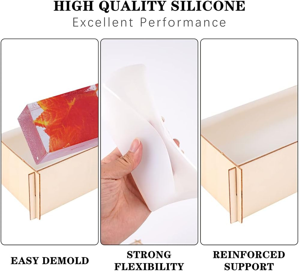 2PCS Different Size Silicone Resin Molds, Deep Rectangle Epoxy Resin Molds with Wooden Support, Large Size DIY Molds for Home Office Decoration Resin Casting