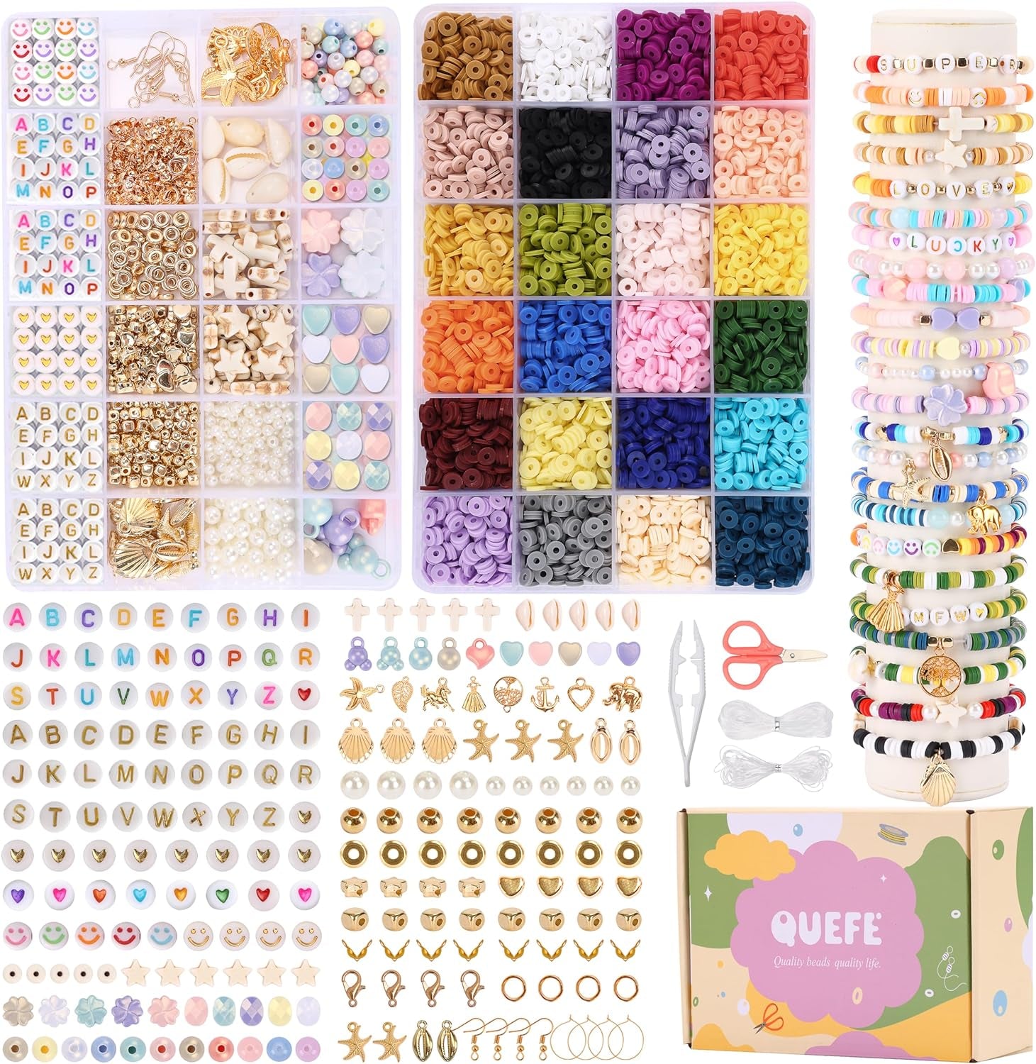 6000Pcs Clay Beads Bracelet Making Kit for Adults, 24 Colors Flat Heishi Clay Beads with Charms, Preppy Beads for Jewelry Earring Craft Making