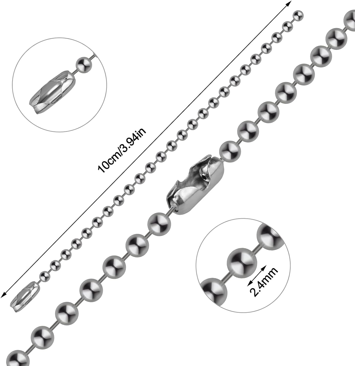 200 Pieces Ball Bead Chain 4 Inch Adjustable Metal Ball Chains 2.4Mm Beaded Chains with Connectors Keychain Dog Tag Chains for Jewelry Making, DIY Craft Projects, Silver