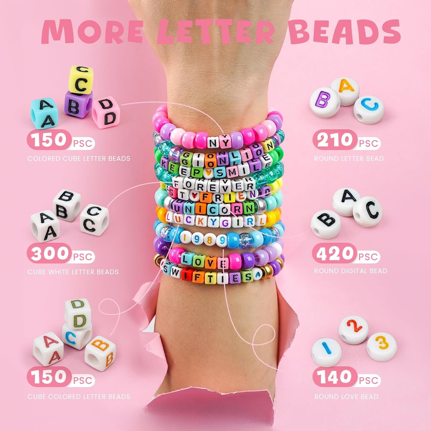 4200Pcs Pony Beads for Bracelet Making Kit, 48 Colors Halloween Bracelet Making Kit, 2500Pcs Rainbow Kandi, 1700Pcs Friendship Letter Beads with 20 Meter Elastic Strings for Jewelry Making