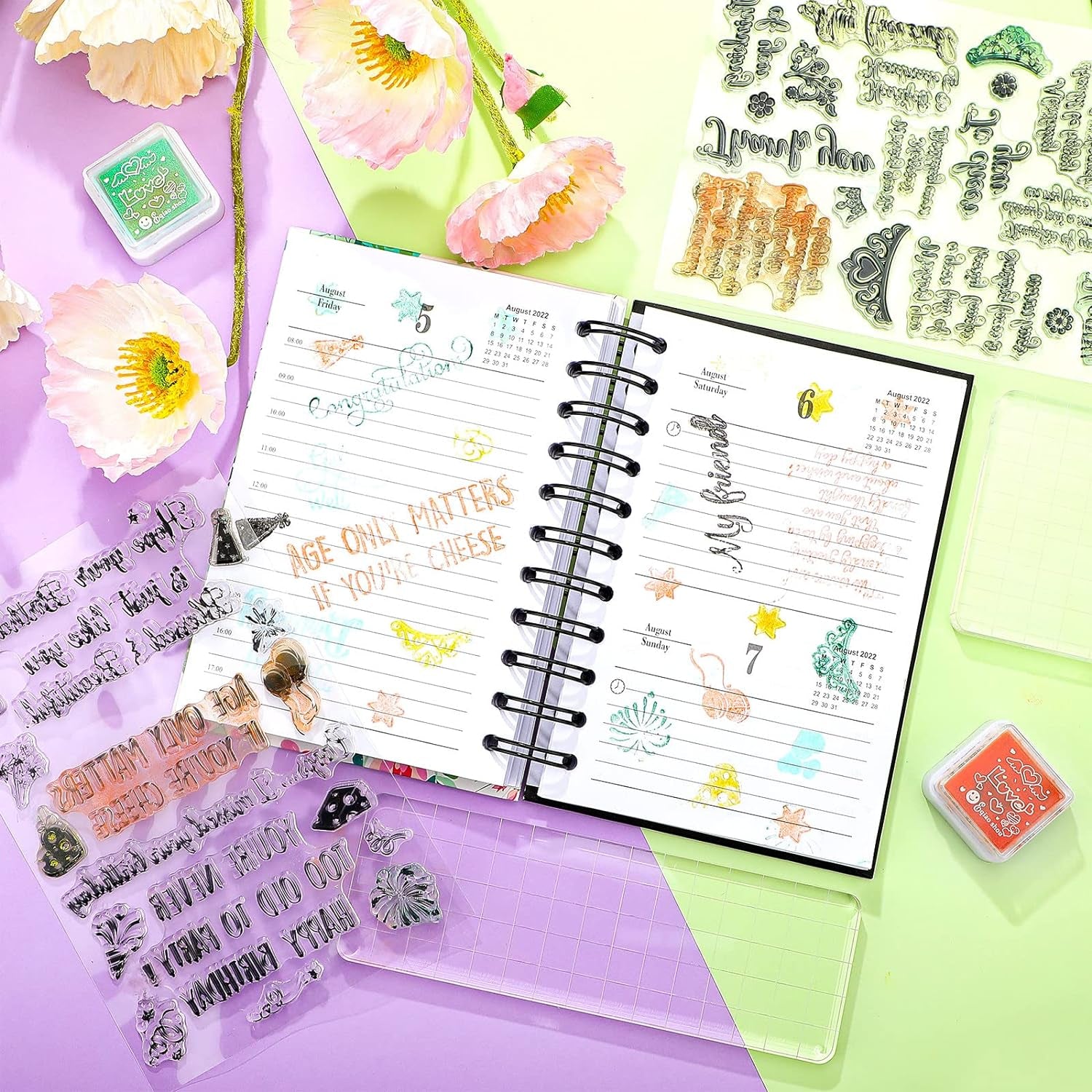 4 Sheets Sentiments Rubber Clear Stamps Set Clear Stamps for Card Making and 3 Pcs Acrylic Stamp Block Tools with Grid Lines Happy Rubber Birthday Stamps Craft Supplies for Diy Scrapbooking Journaling