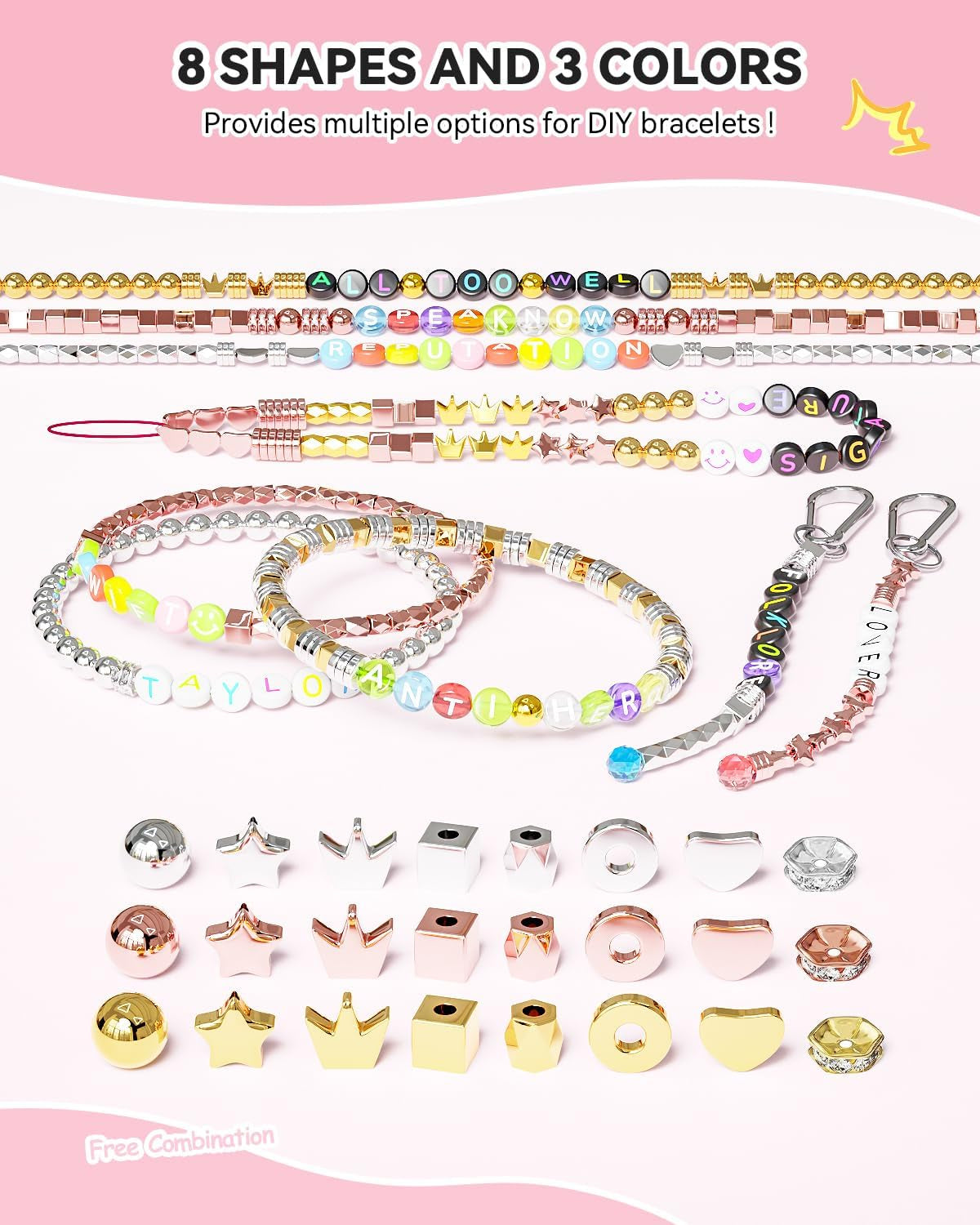 1740 Pieces Gold Beads for Friendship Bracelets Making Kit, 8 Shapes Organized Jewelry Making Supplies Spacer Beads Set with Rhinestones Crafts Gifts for Teen Girls Ages 6 7 8 9 10 11 12